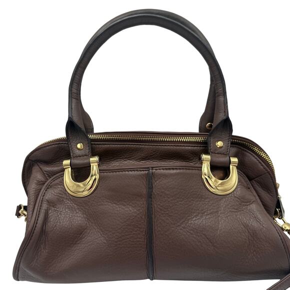B. Makowsky Brown Glove Leather Satchel with Gold Hardware & Plum Lining - Picture 2 of 11